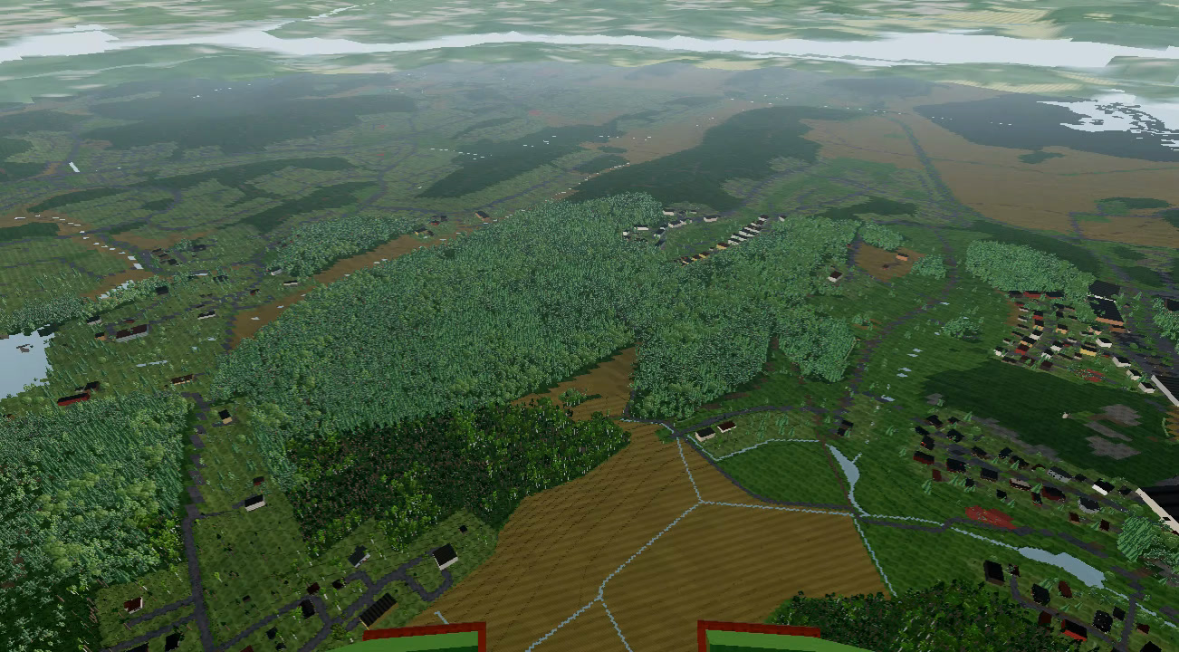 Live TerraGrid gameplay high above forests, fields, and homes