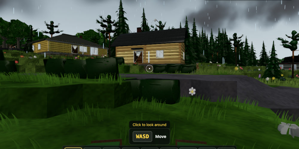 Live gameplay capture of rain over homes and forest
