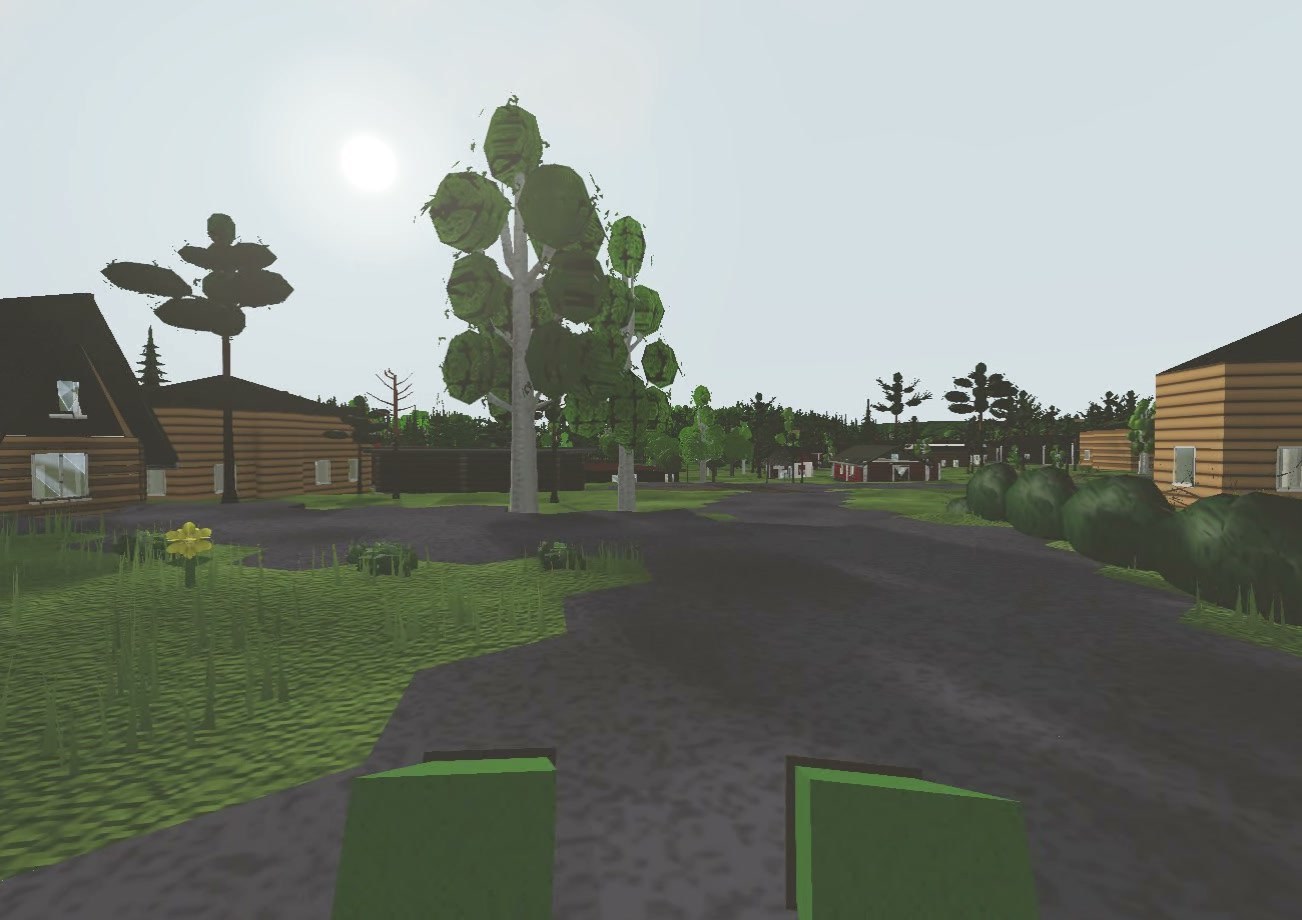 Gameplay view along a TerraGrid neighborhood street